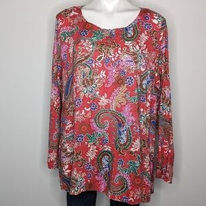 NWT Kathleen Sommers red paisley floral long sleeve blouse L